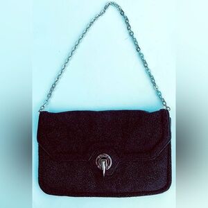 Rachel Zoe black leather clutch on a heavy silver chain / silver flip latch